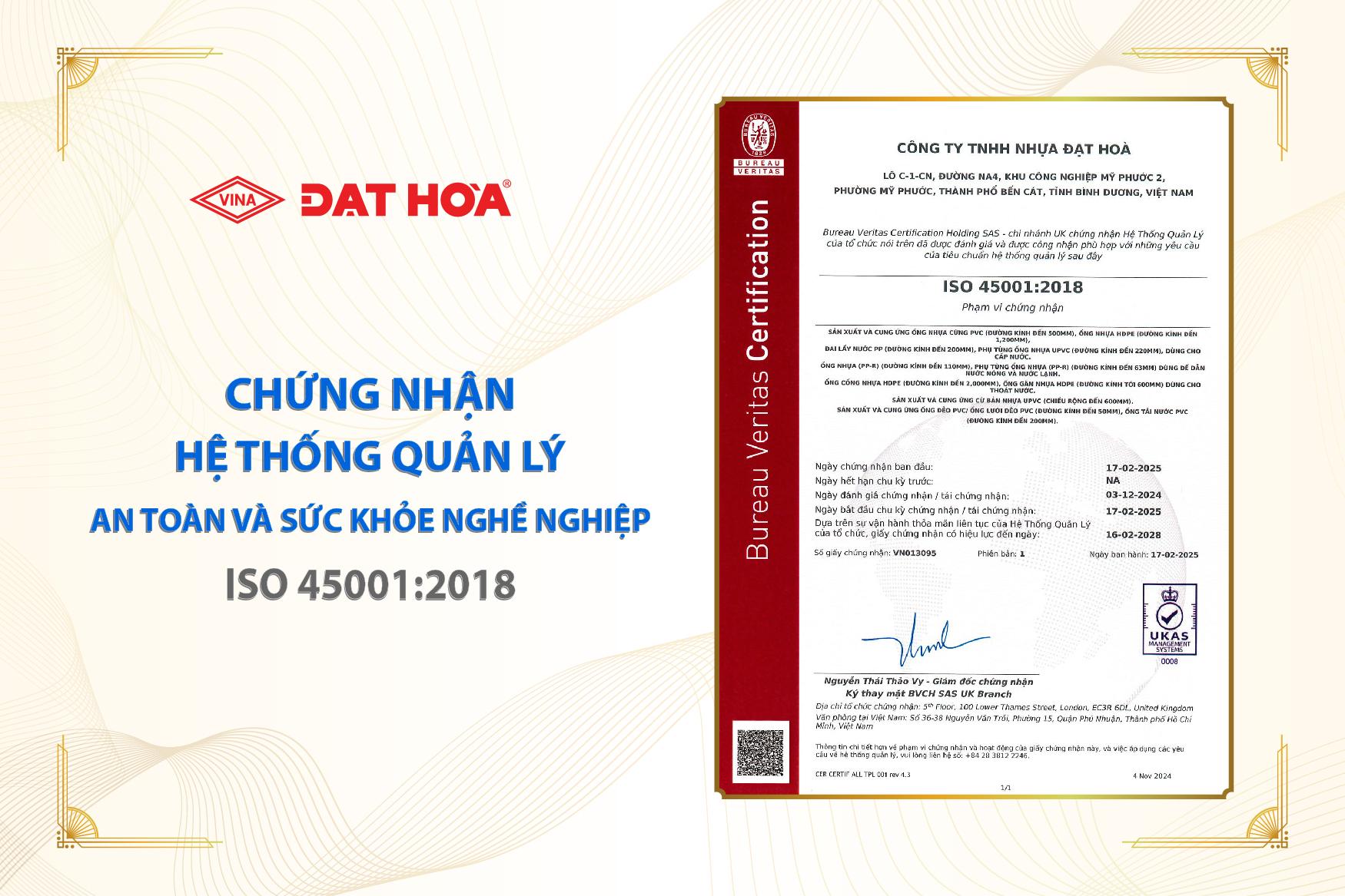 NHỰA ĐẠT HÒA ĐẠT CHỨNG NHẬN ISO 45001:2018