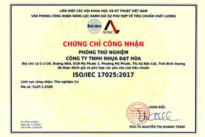 PHÒNG THỬ NGHIỆM NHỰA ĐẠT HOÀ ĐẠT CHỨNG CHỈ TIÊU CHUẨN CHẤT LƯỢNG ISO/IEC 17025:2017