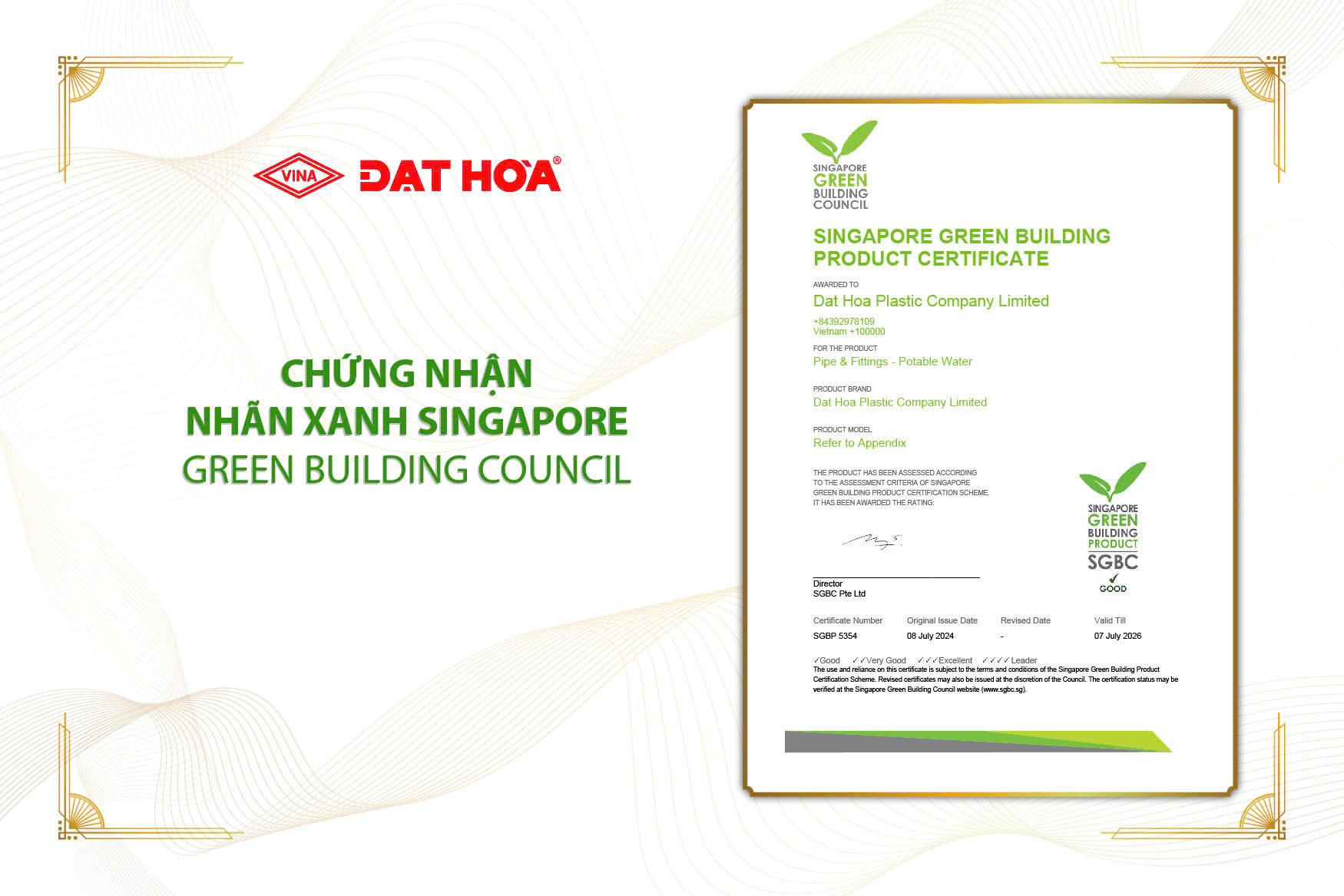 NHỰA ĐẠT HÒA NHẬN CHỨNG NHẬN NHÃN XANH GREEN BUILDING PRODUCT TỪ HỘI ĐỒNG CÔNG TRÌNH XANH SINGAPORE