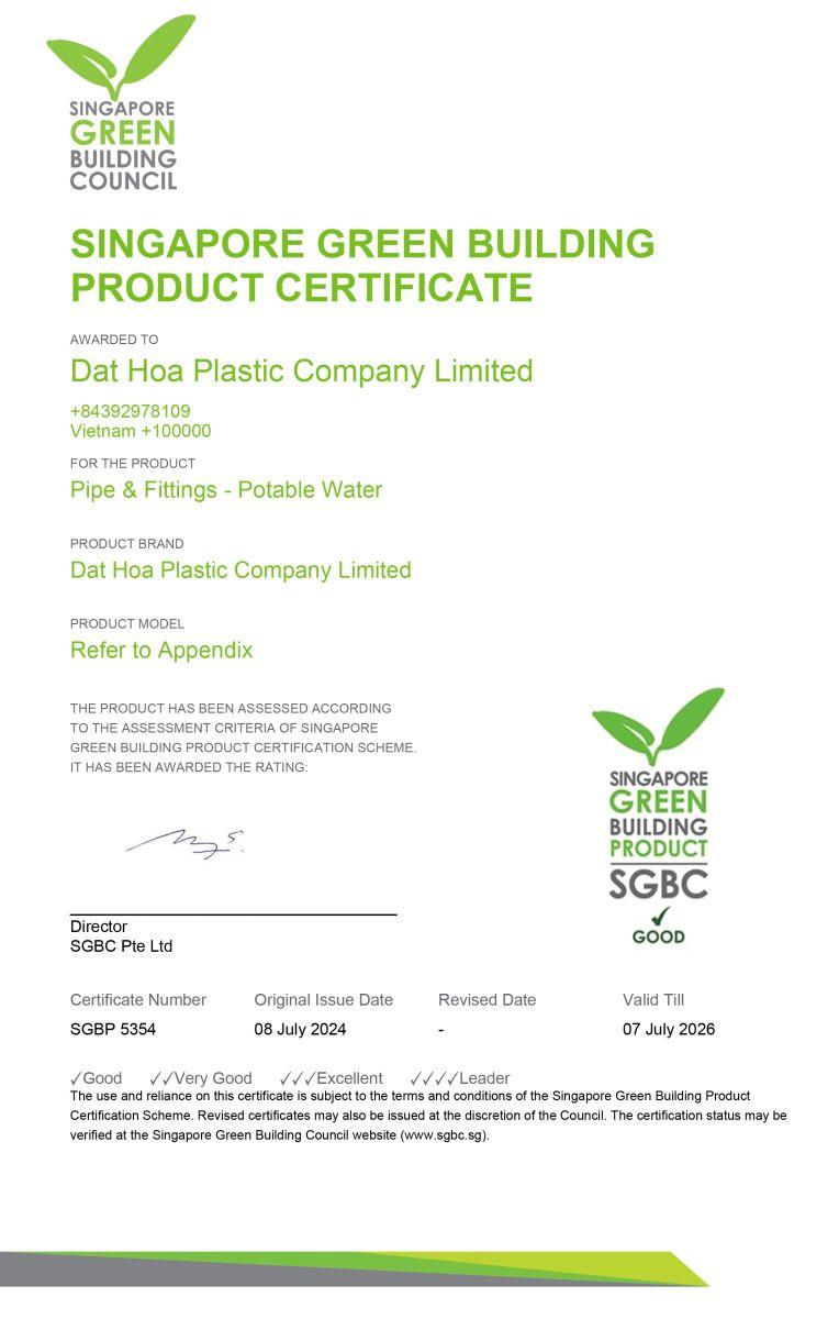 Nhựa Đạt Hòa nhận chứng nhận nhãn xanh green building product từ hội đồng công trình xanh singapore