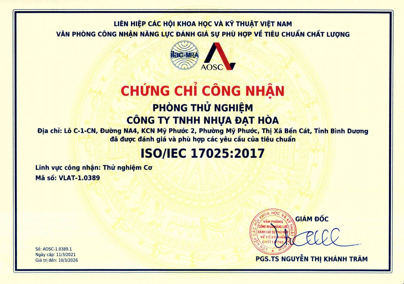 Phòng thử nghiệm nhựa Đạt Hòa đạt chứng chỉ tiêu chuẩn chất lượng ISO/iec 17025:2017