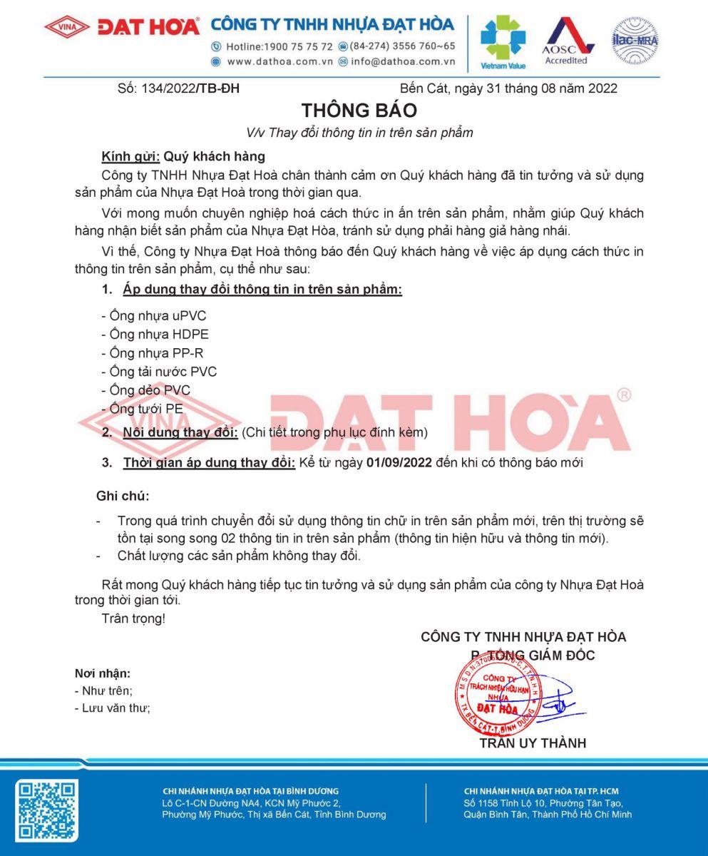 Thông báo thay đổi thông tin in trên sản phẩm