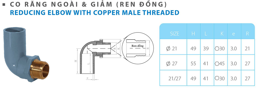 Co răng ngoài và giảm (ren đồng)