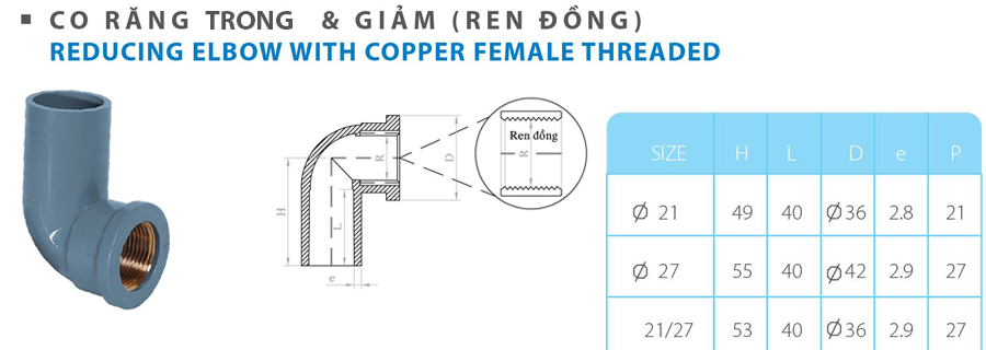 Co răng trong và giảm (ren đồng)