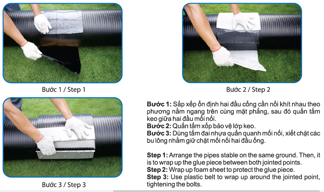 Nối ống HDPE 2 vách bằng tấm đai nhựa