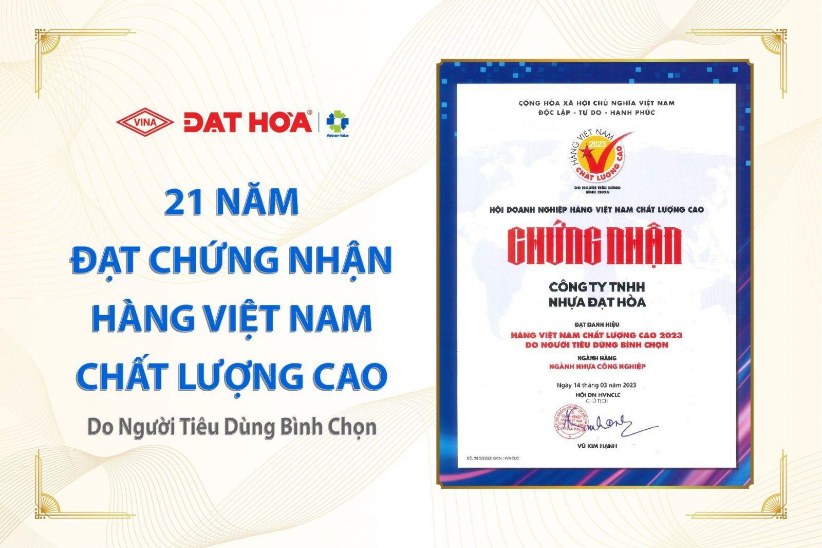 Nhựa Đạt Hòa tự hào lần thứ 21 liên tiếp đạt chứng nhận hvnclc